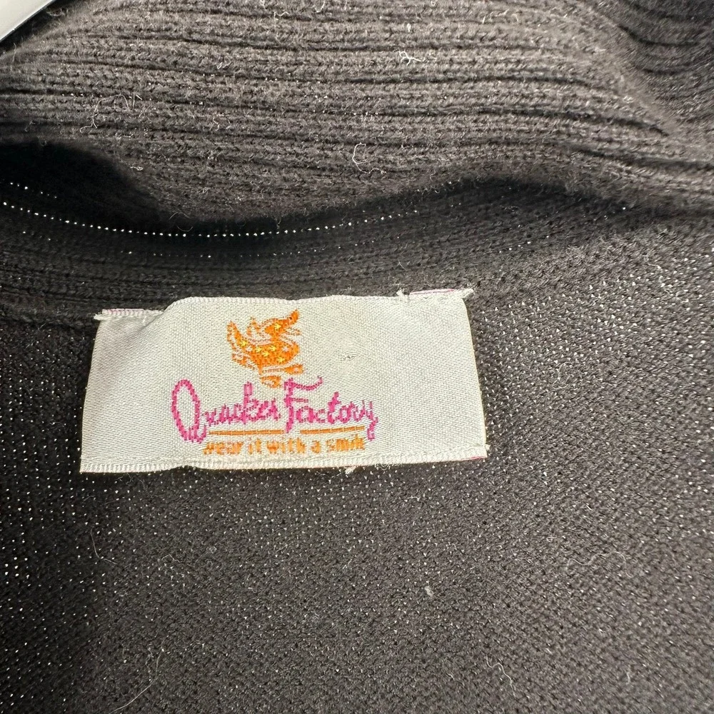 Quacker Factory Womens Black Cotton Rhinestone Open Front Longline Vest Layering